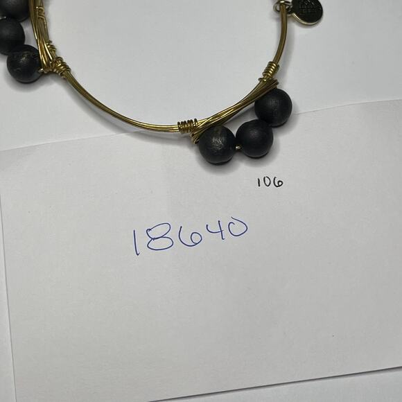 BOURBON & BOWETIES gold tone bracelet bangle 3 black beads jewelry wire wrapped - Picture 9 of 9